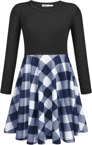 Arshiner Girls Long Sleeve Stretchy Dress A line Twirly Skater School Party Dress