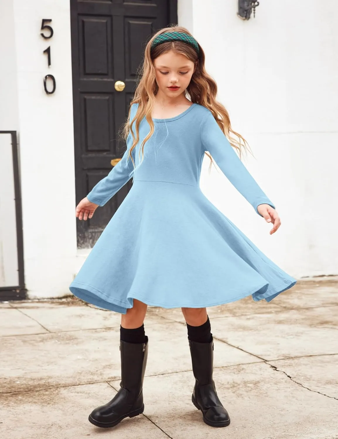 Arshiner Girls Long Sleeve Stretchy Dress A line Twirly Skater School Party Dress