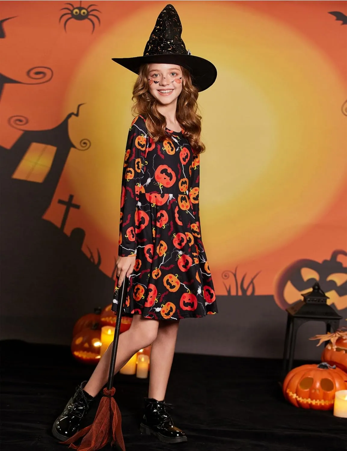 Arshiner Girls Long Sleeve Stretchy Dress A line Twirly Skater School Party Dress