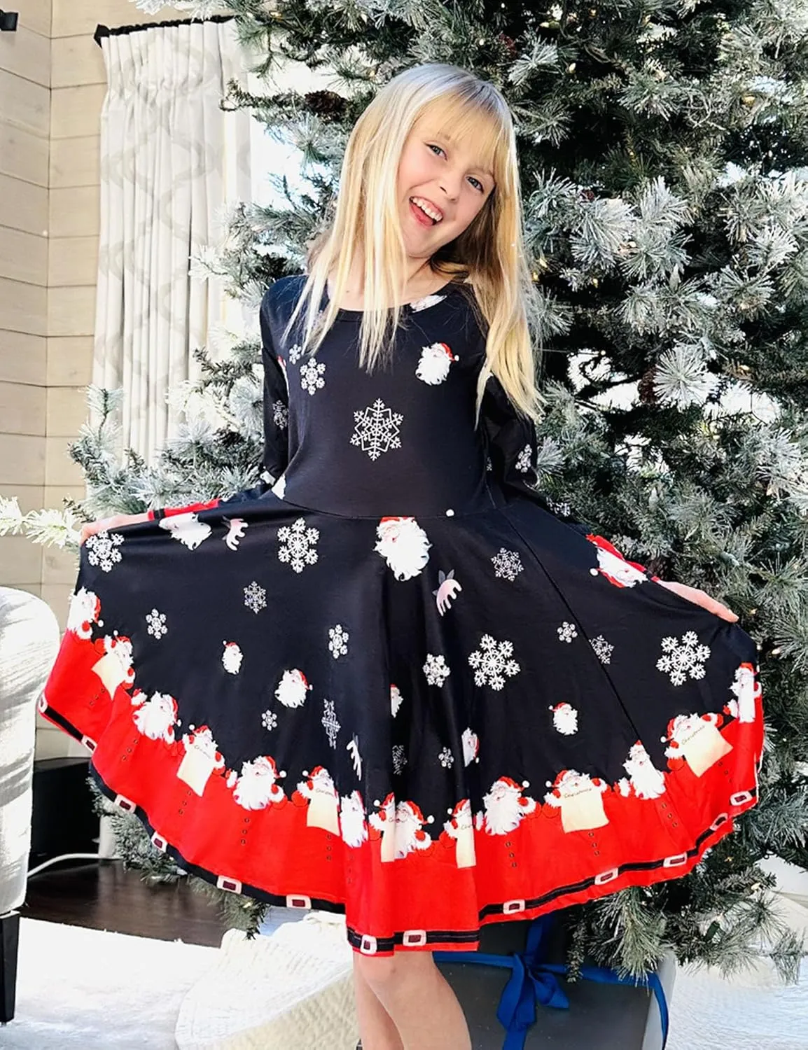 Arshiner Girls Long Sleeve Stretchy Dress A line Twirly Skater School Party Dress