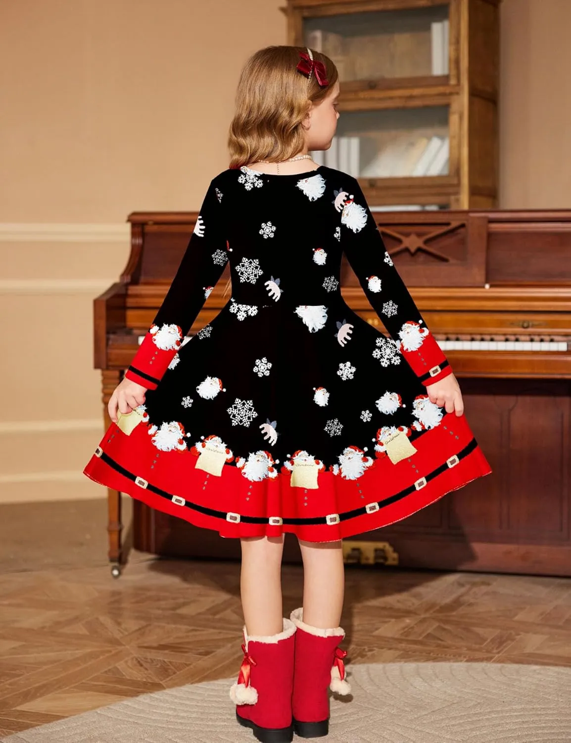 Arshiner Girls Long Sleeve Stretchy Dress A line Twirly Skater School Party Dress