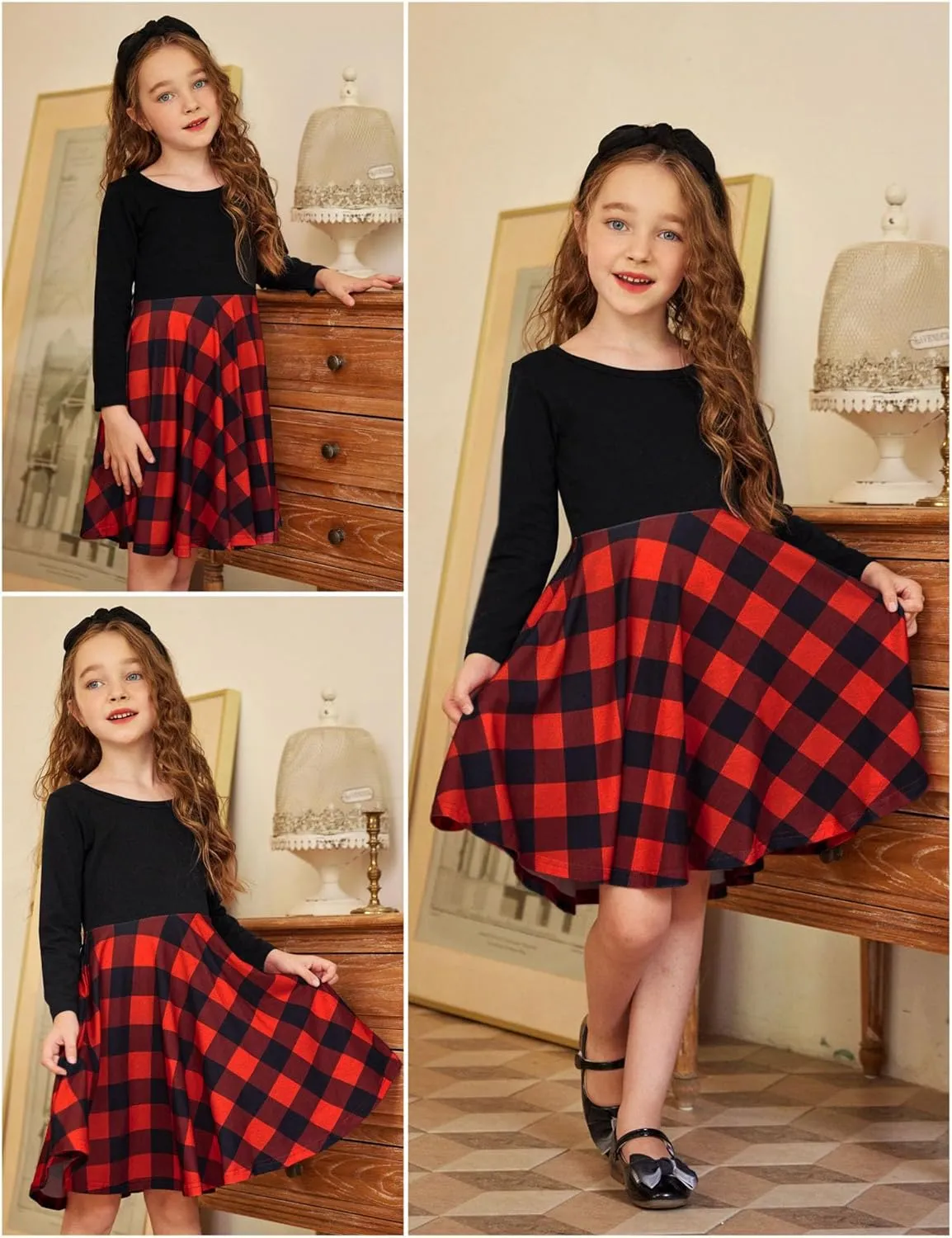 Arshiner Girls Long Sleeve Stretchy Dress A line Twirly Skater School Party Dress
