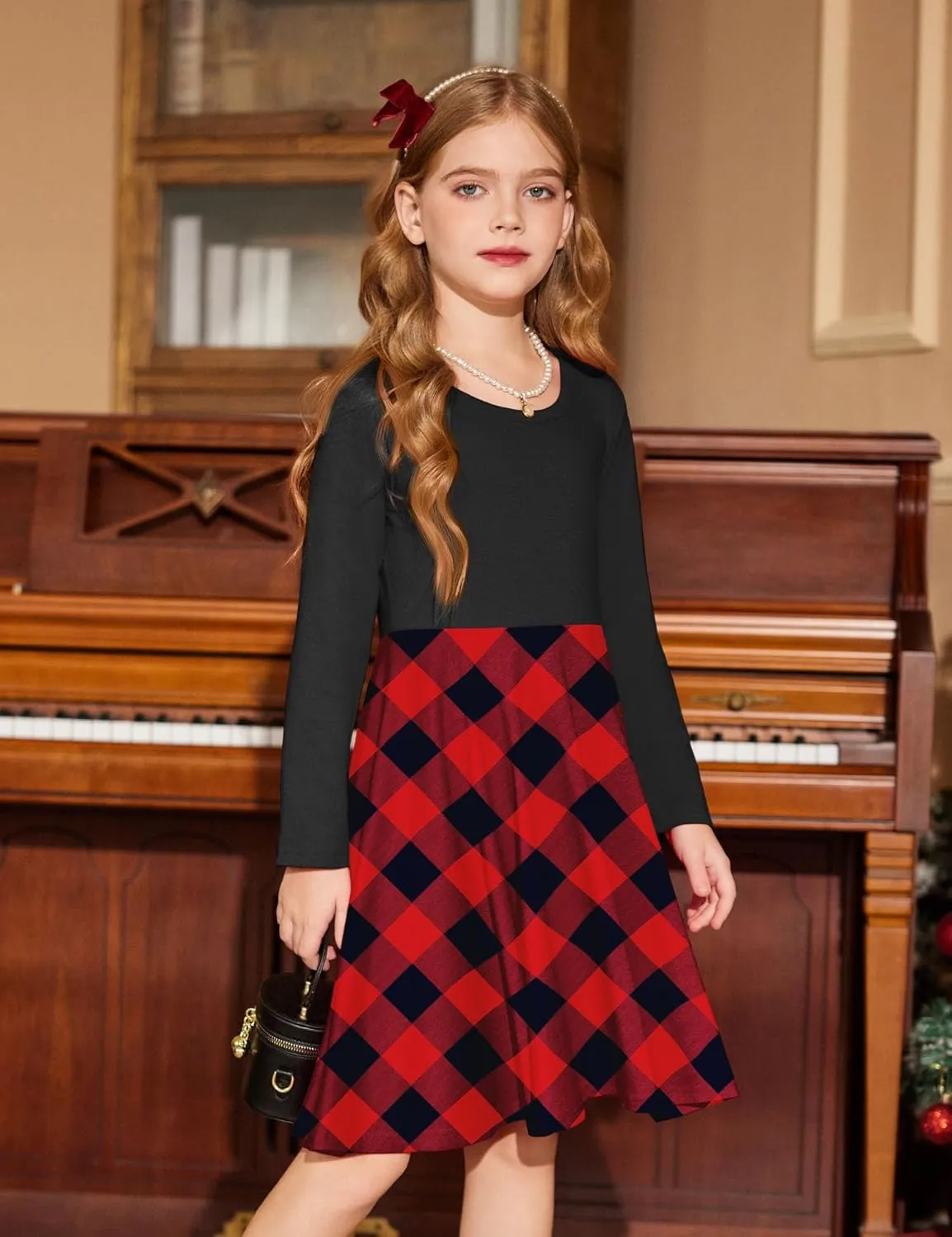 Arshiner Girls Long Sleeve Stretchy Dress A line Twirly Skater School Party Dress