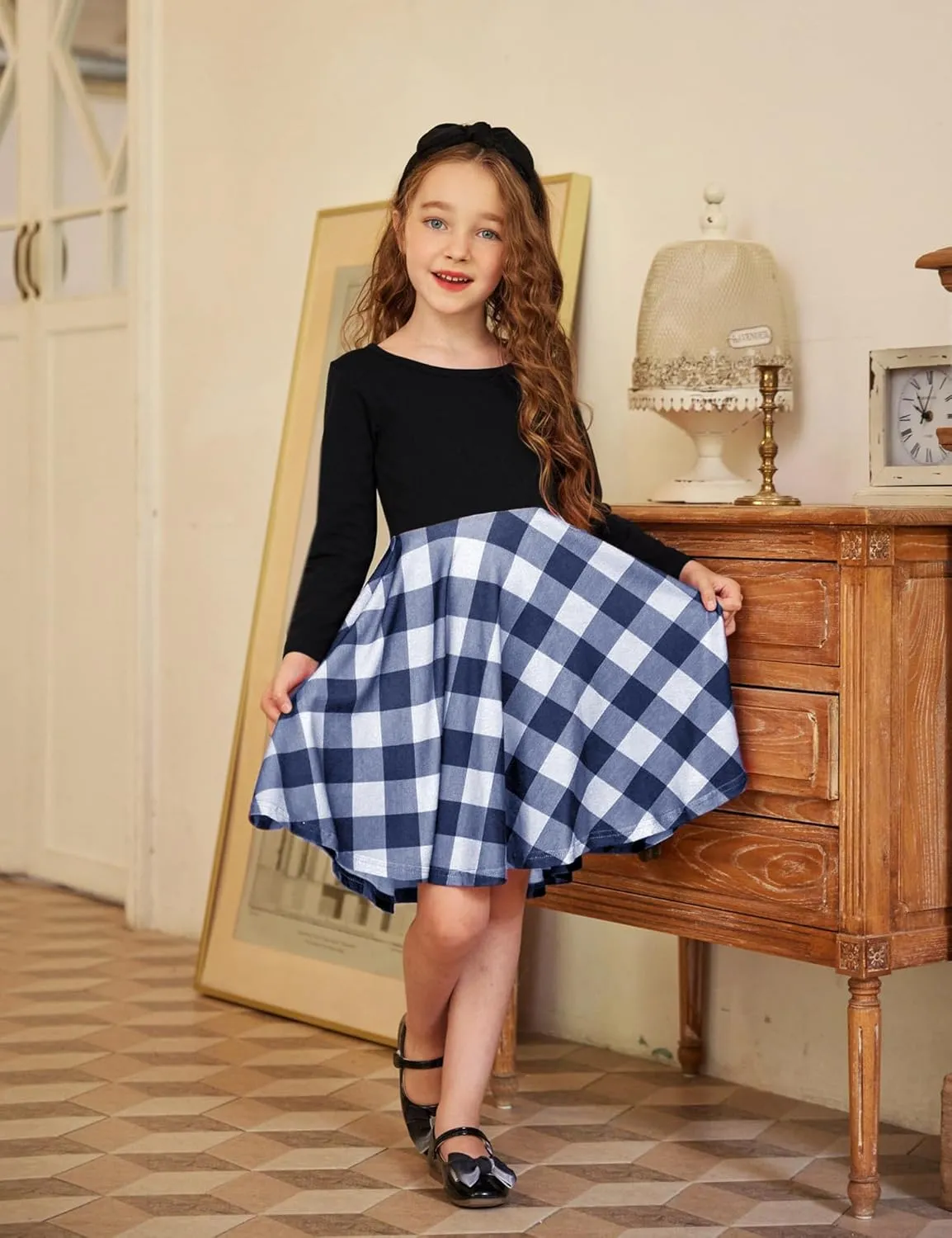 Arshiner Girls Long Sleeve Stretchy Dress A line Twirly Skater School Party Dress