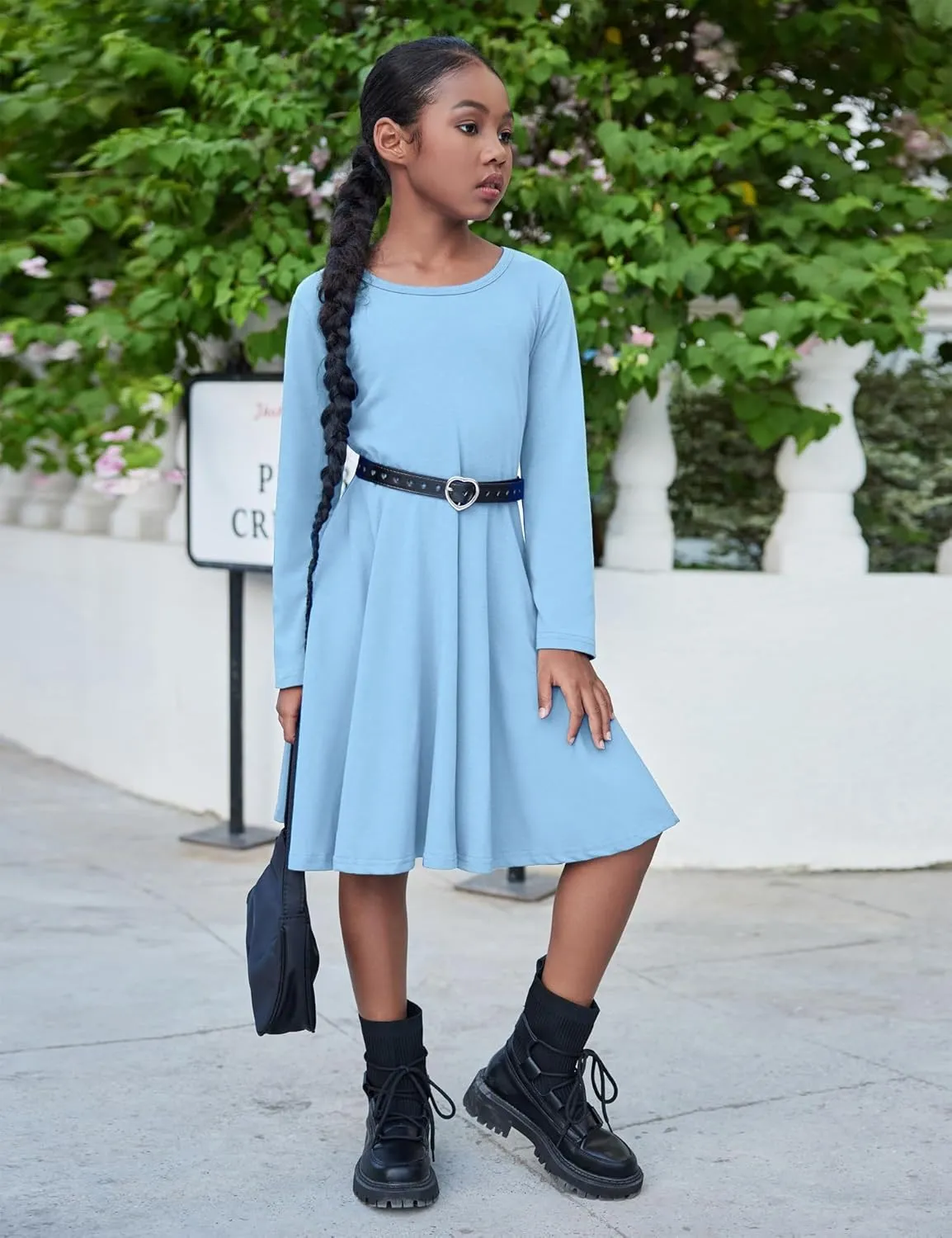 Arshiner Girls Long Sleeve Stretchy Dress A line Twirly Skater School Party Dress