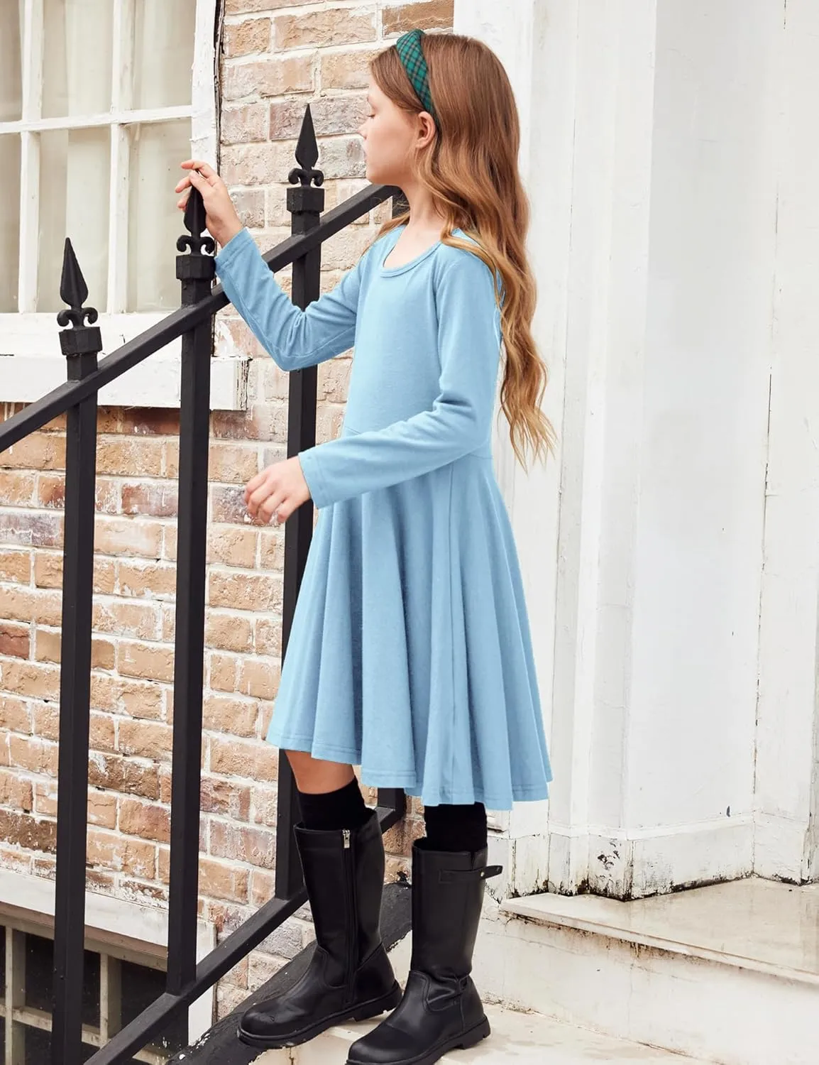 Arshiner Girls Long Sleeve Stretchy Dress A line Twirly Skater School Party Dress