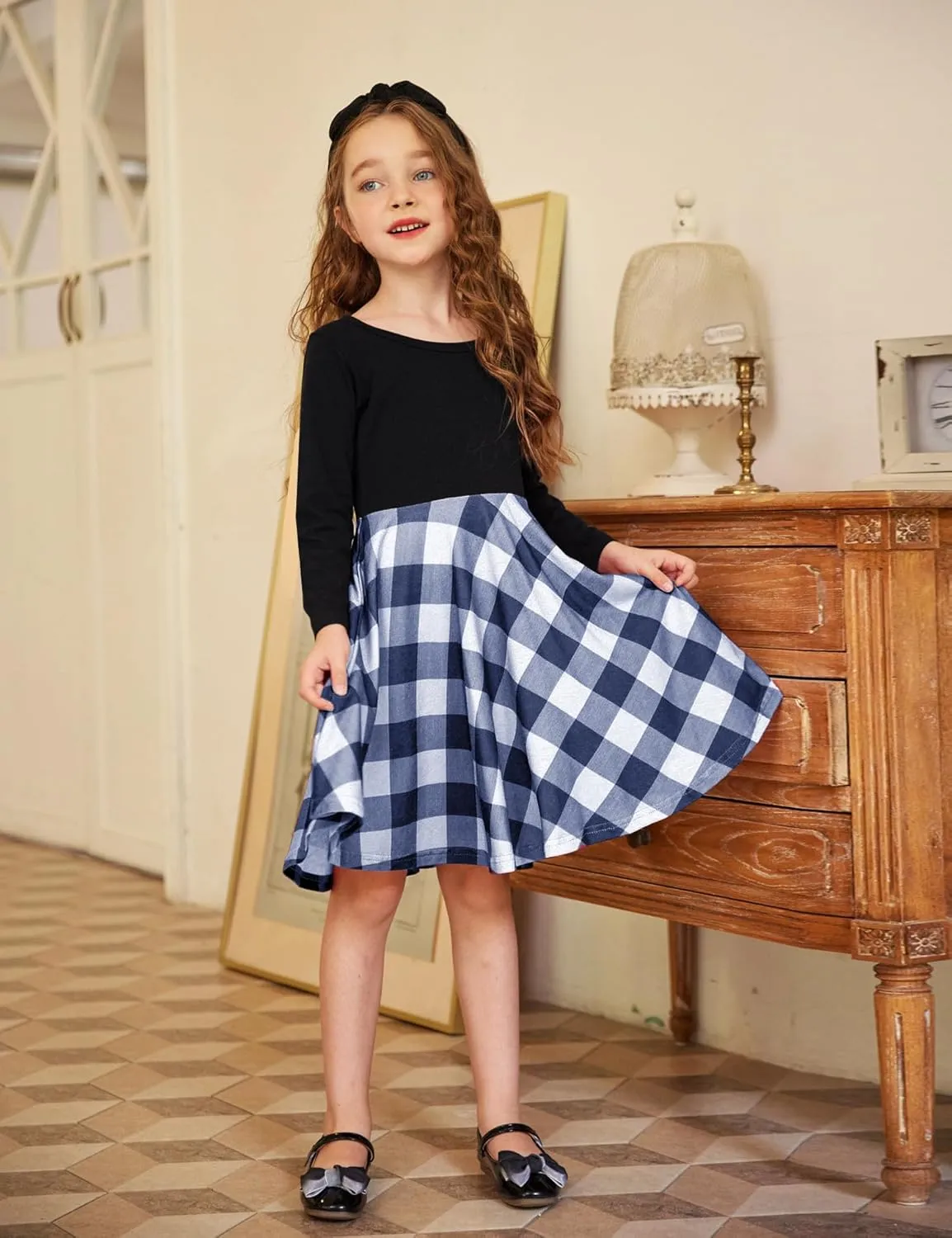 Arshiner Girls Long Sleeve Stretchy Dress A line Twirly Skater School Party Dress