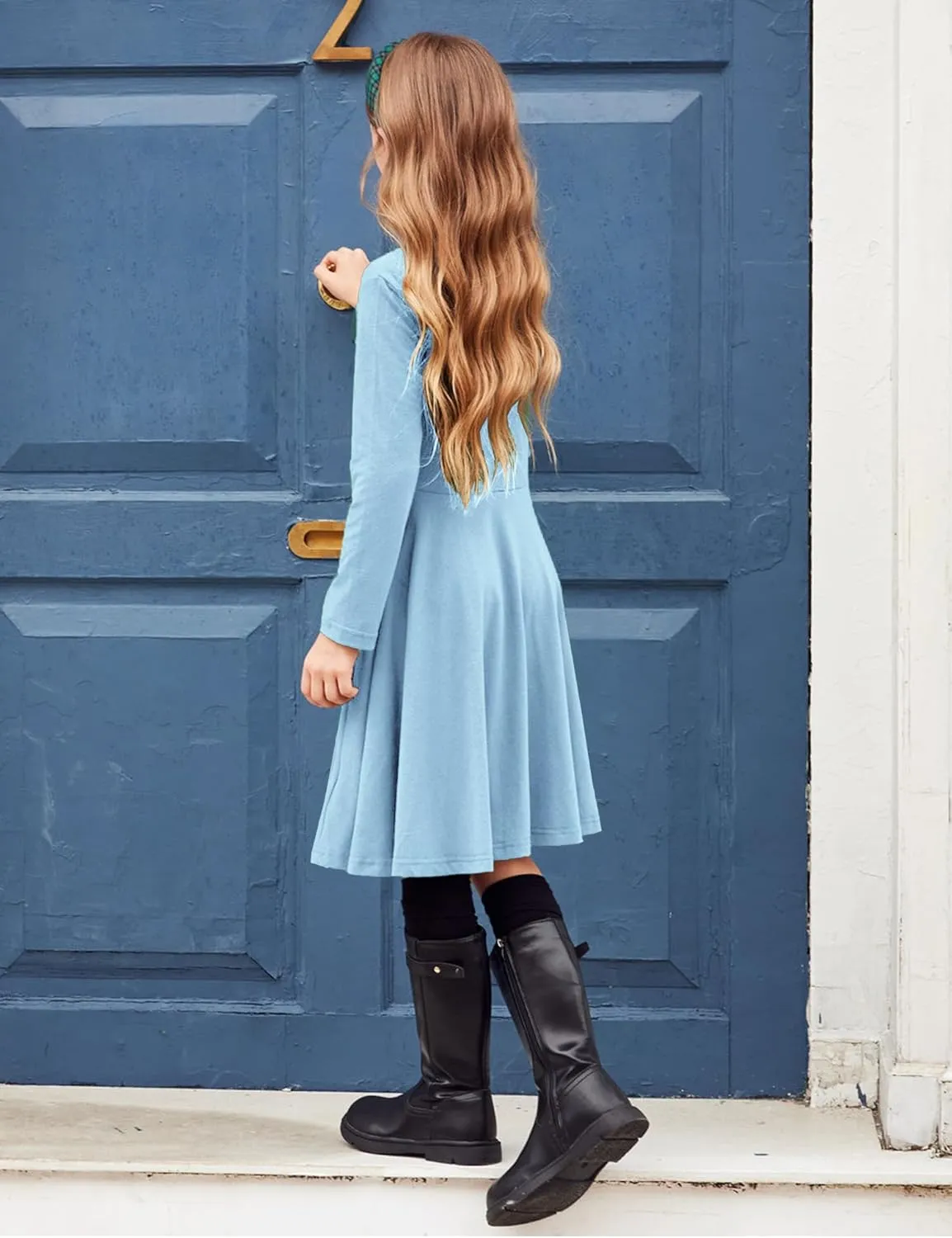 Arshiner Girls Long Sleeve Stretchy Dress A line Twirly Skater School Party Dress