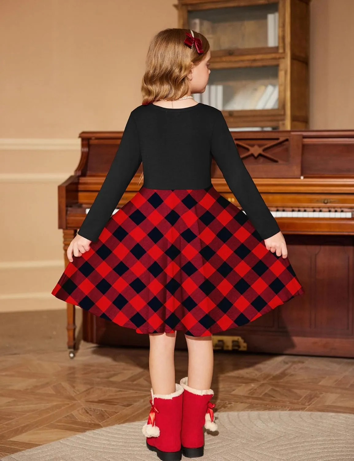 Arshiner Girls Long Sleeve Stretchy Dress A line Twirly Skater School Party Dress