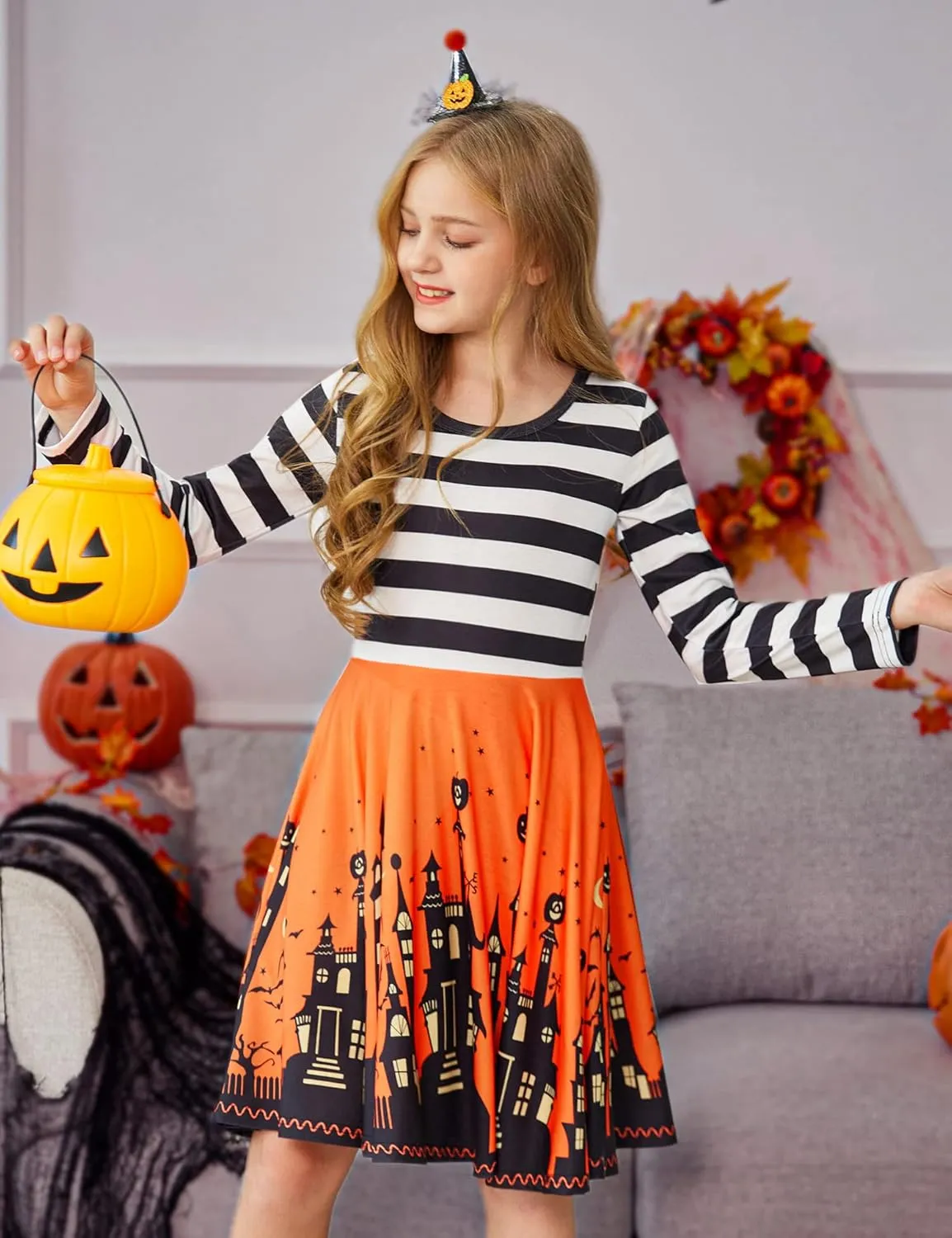 Arshiner Girls Long Sleeve Stretchy Dress A line Twirly Skater School Party Dress