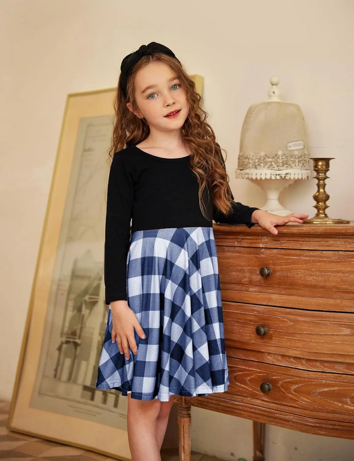 Arshiner Girls Long Sleeve Stretchy Dress A line Twirly Skater School Party Dress