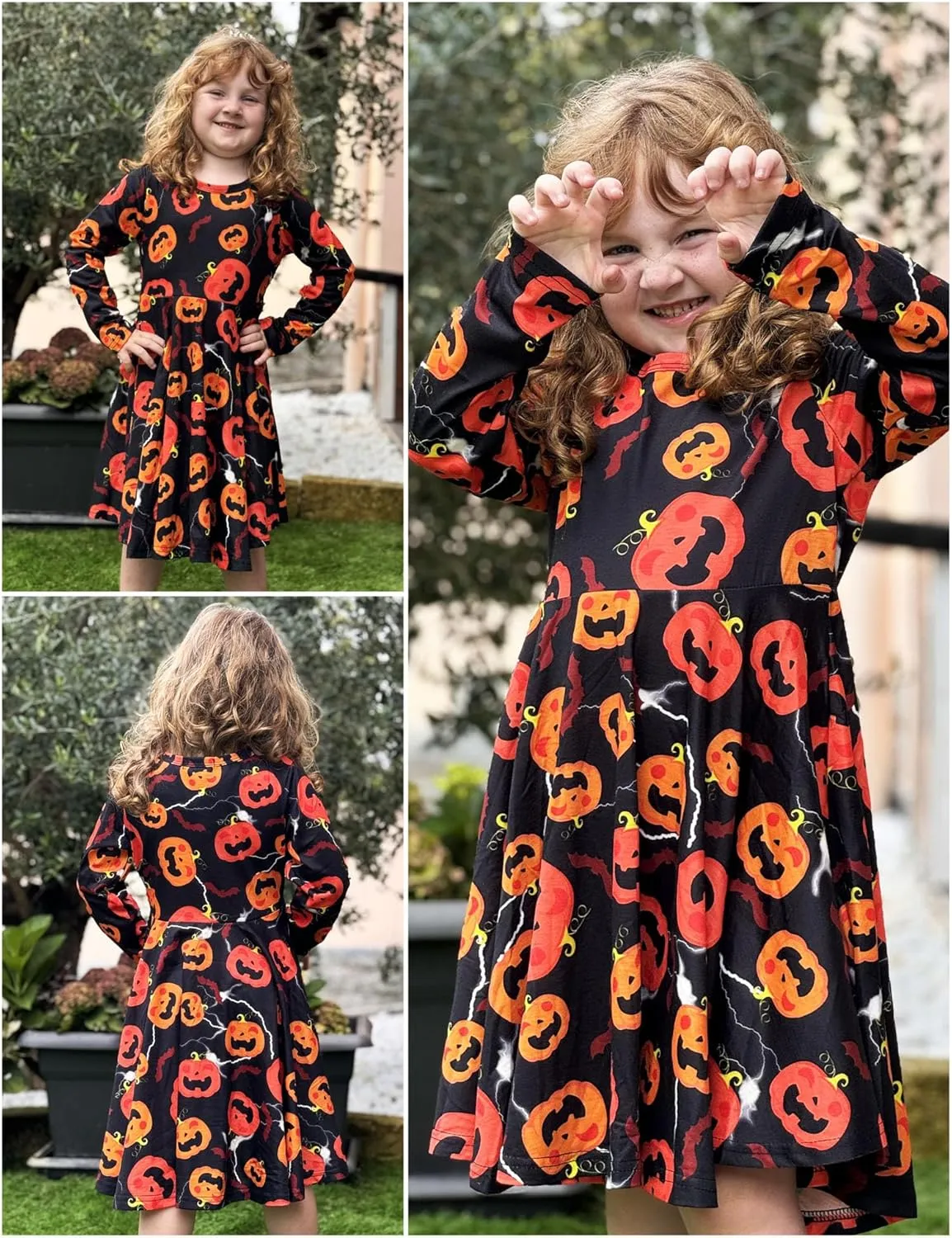 Arshiner Girls Long Sleeve Stretchy Dress A line Twirly Skater School Party Dress