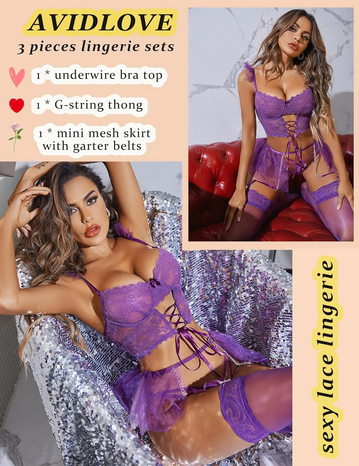 Avidlove Lingerie Sets Womens Garter Sets 3 Piece Underwire Sexy Bra and Panty Sets With Mesh Mini Skirts S-XXL