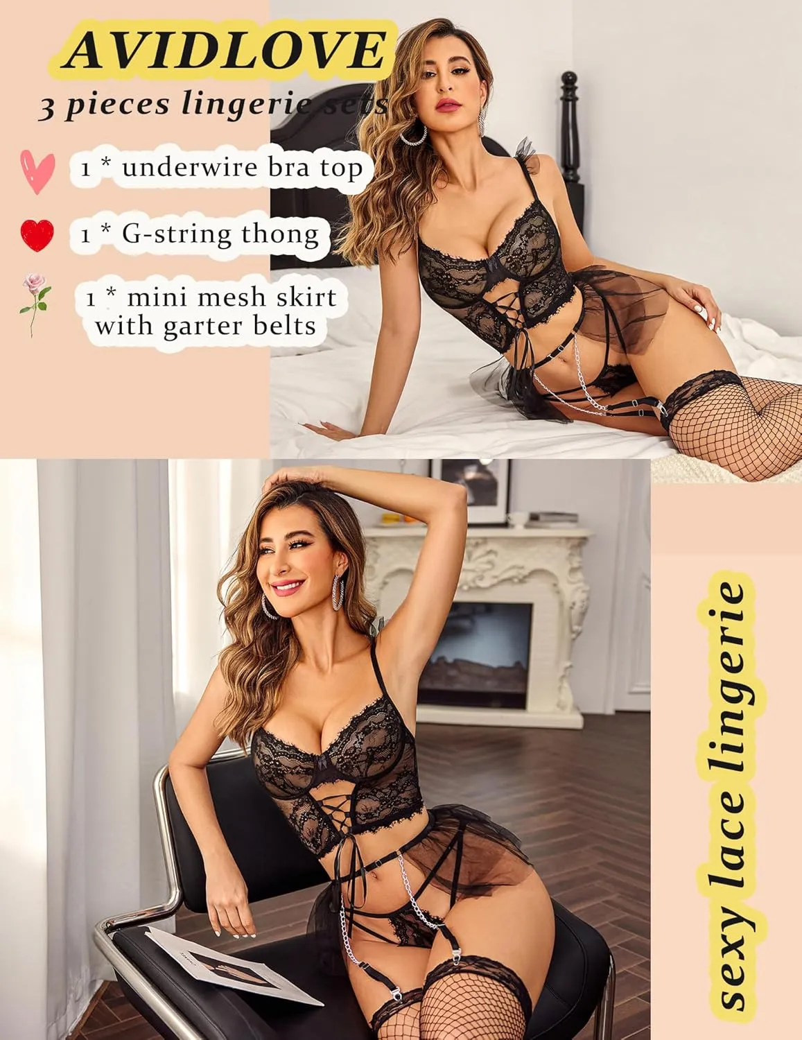 Avidlove Lingerie Sets Womens Garter Sets 3 Piece Underwire Sexy Bra and Panty Sets With Mesh Mini Skirts S-XXL