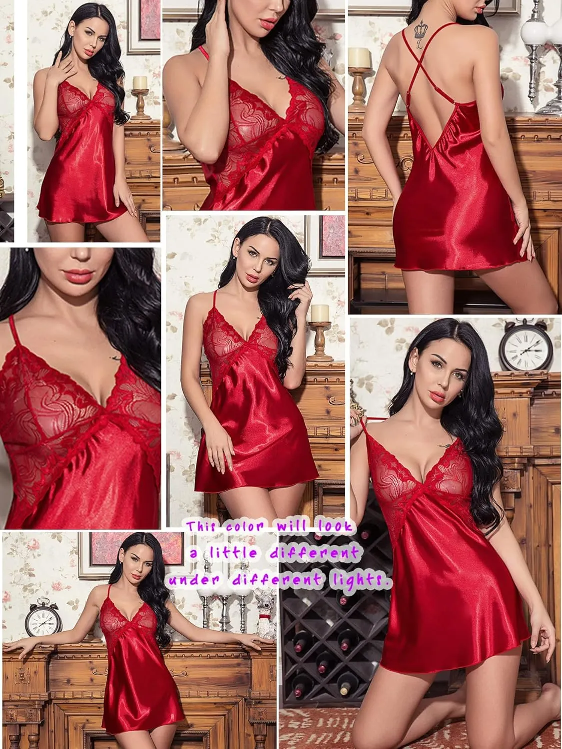 Avidlove Women Lingerie V Neck Nightwear Satin Sleepwear Lace Chemise Mini Teddy