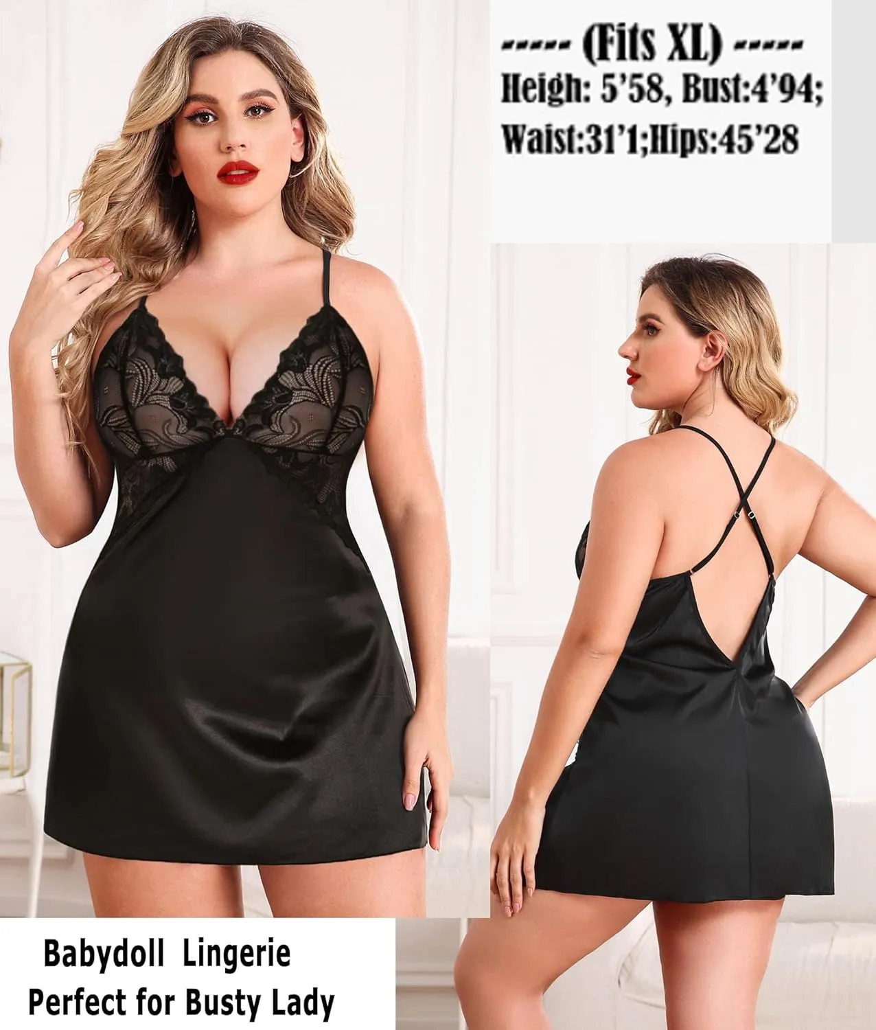 Avidlove Women Lingerie V Neck Nightwear Satin Sleepwear Lace Chemise Mini Teddy