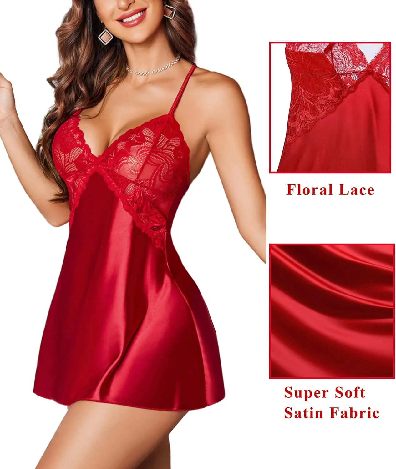 Avidlove Women Lingerie V Neck Nightwear Satin Sleepwear Lace Chemise Mini Teddy