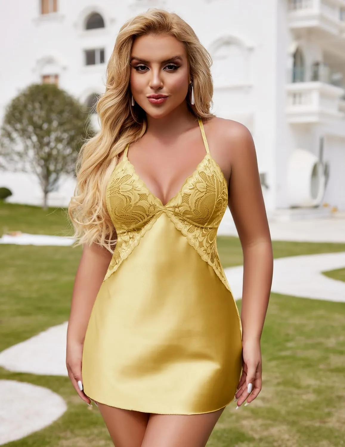 Avidlove Women Lingerie V Neck Nightwear Satin Sleepwear Lace Chemise Mini Teddy