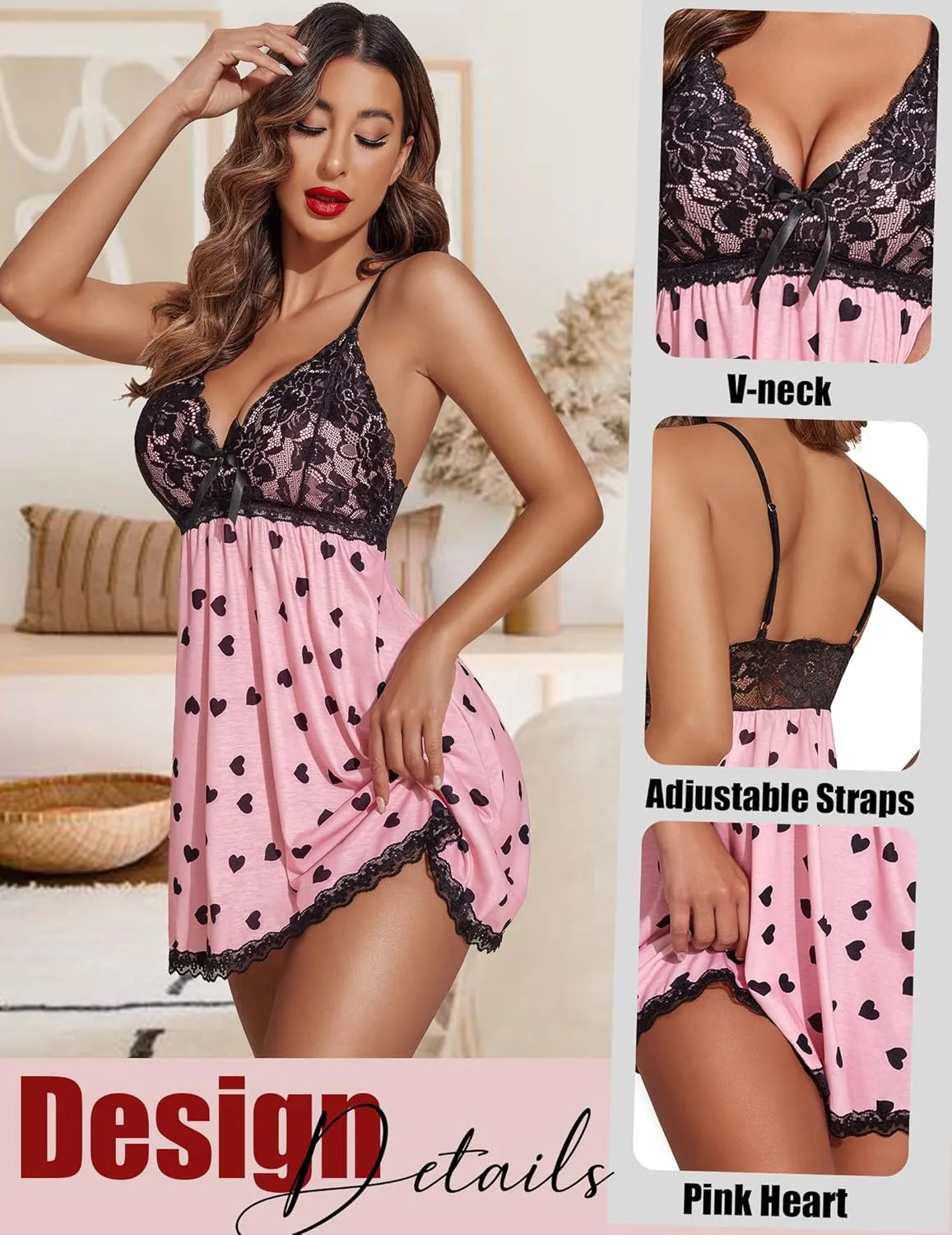 Avidlove Women Nightgown Sexy Sleepwear Lace Chemise V-neck Modal Babydoll Lounge Dress