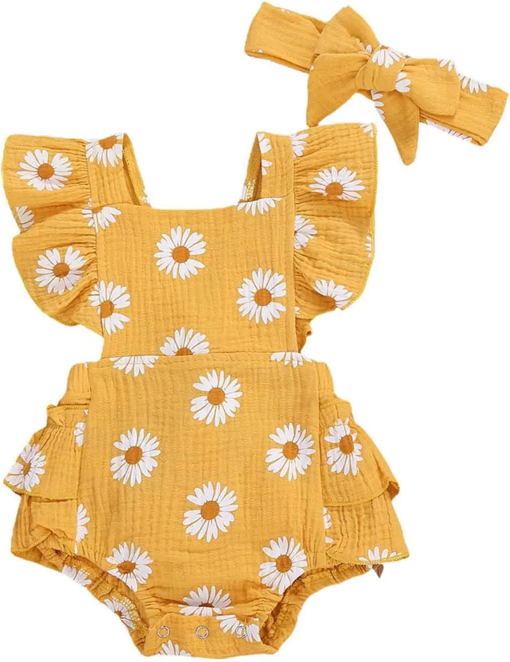 Baby Girls Floral Cotton Leotard Romper Newborn Daisy Playsuits Ruffled Sleeve Onesie Infant Jumpsuit Clothes Headband