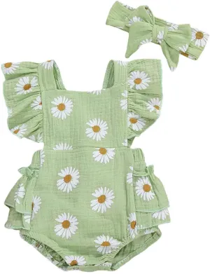 Baby Girls Floral Cotton Leotard Romper Newborn Daisy Playsuits Ruffled Sleeve Onesie Infant Jumpsuit Clothes Headband