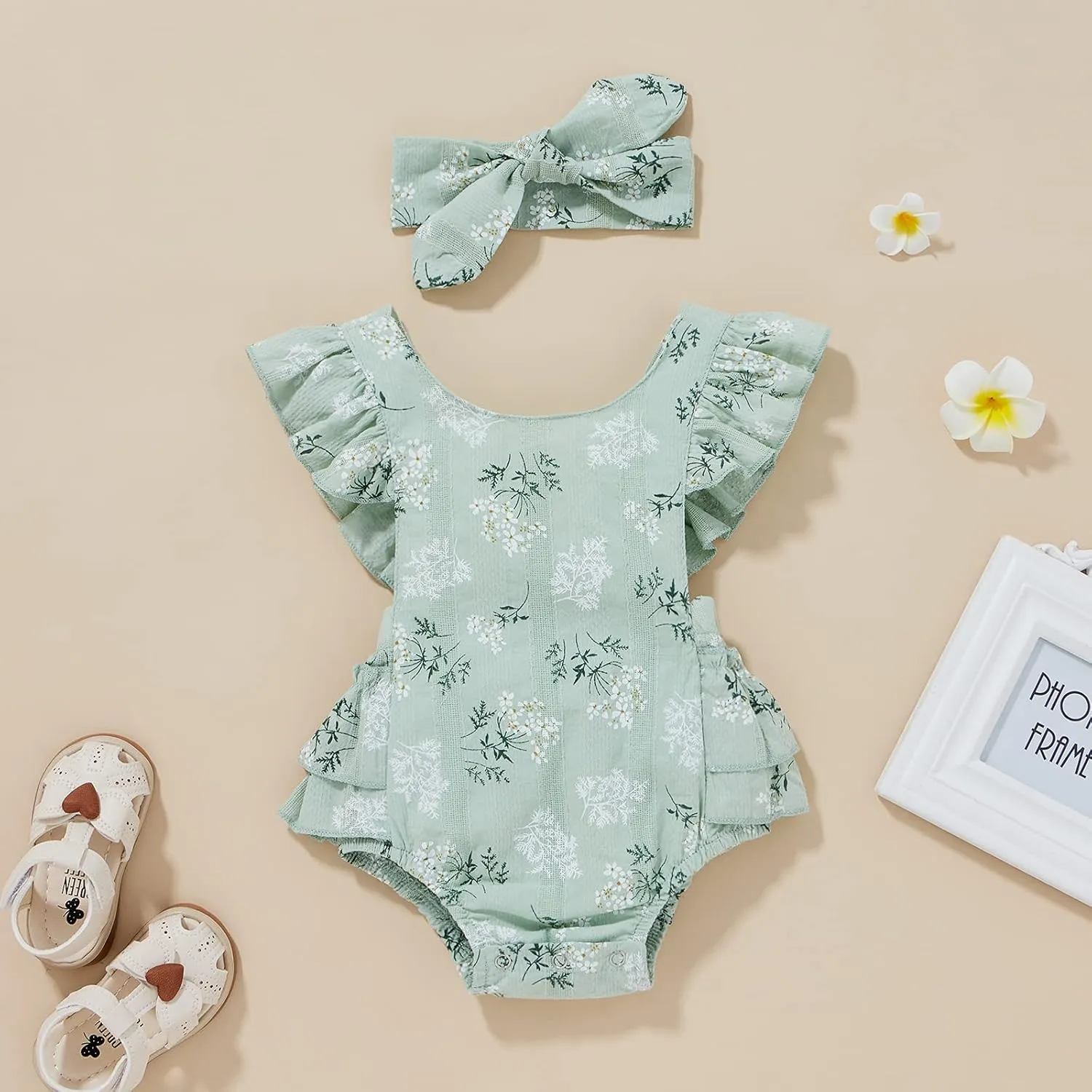 Baby Girls Floral Cotton Leotard Romper Newborn Daisy Playsuits Ruffled Sleeve Onesie Infant Jumpsuit Clothes Headband