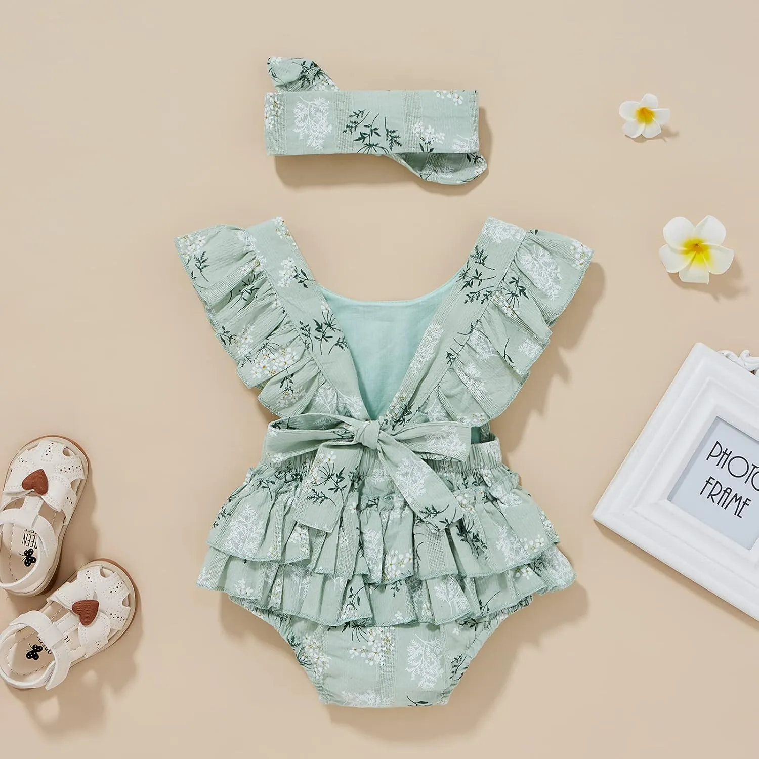 Baby Girls Floral Cotton Leotard Romper Newborn Daisy Playsuits Ruffled Sleeve Onesie Infant Jumpsuit Clothes Headband