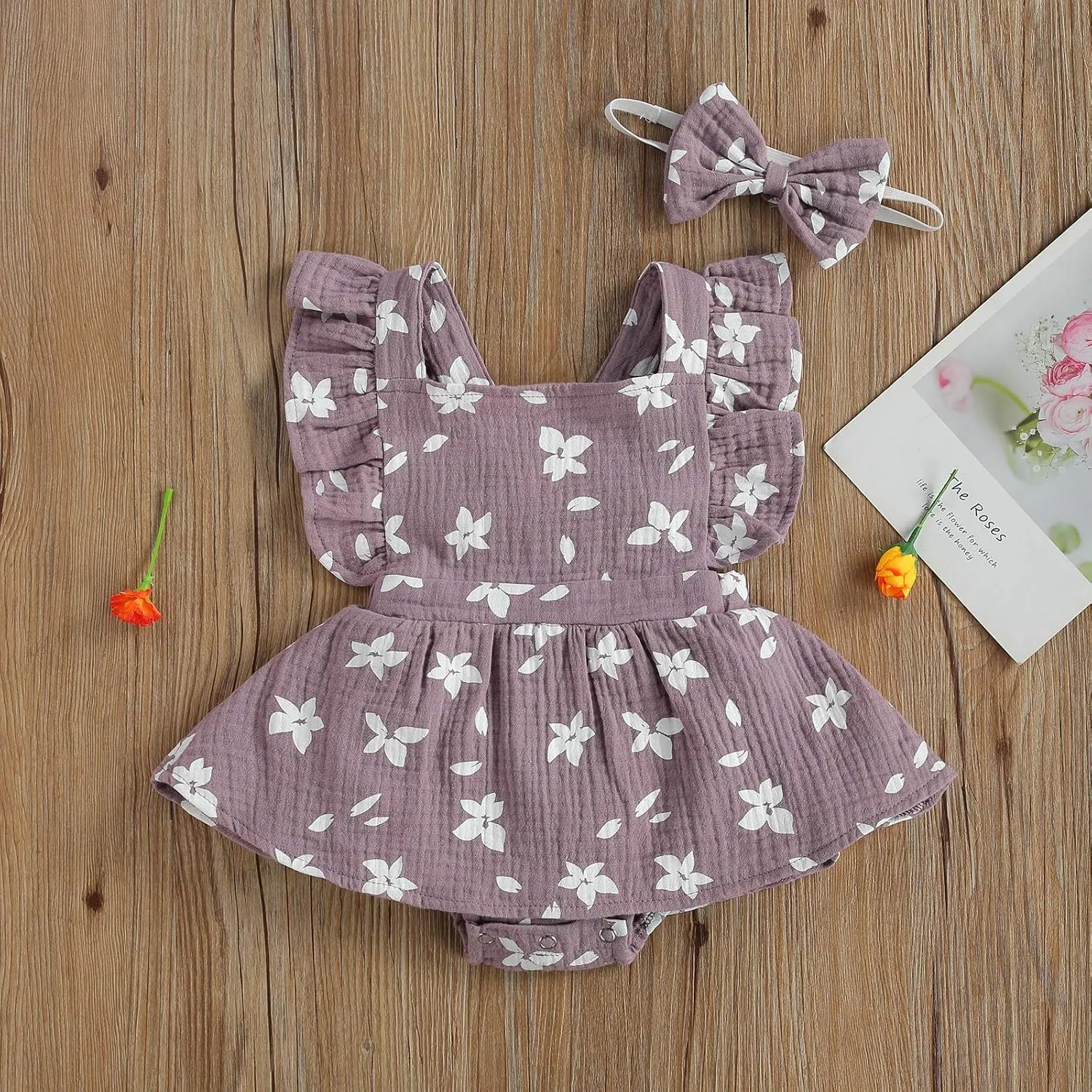 Baby Girls Floral Cotton Leotard Romper Newborn Daisy Playsuits Ruffled Sleeve Onesie Infant Jumpsuit Clothes Headband