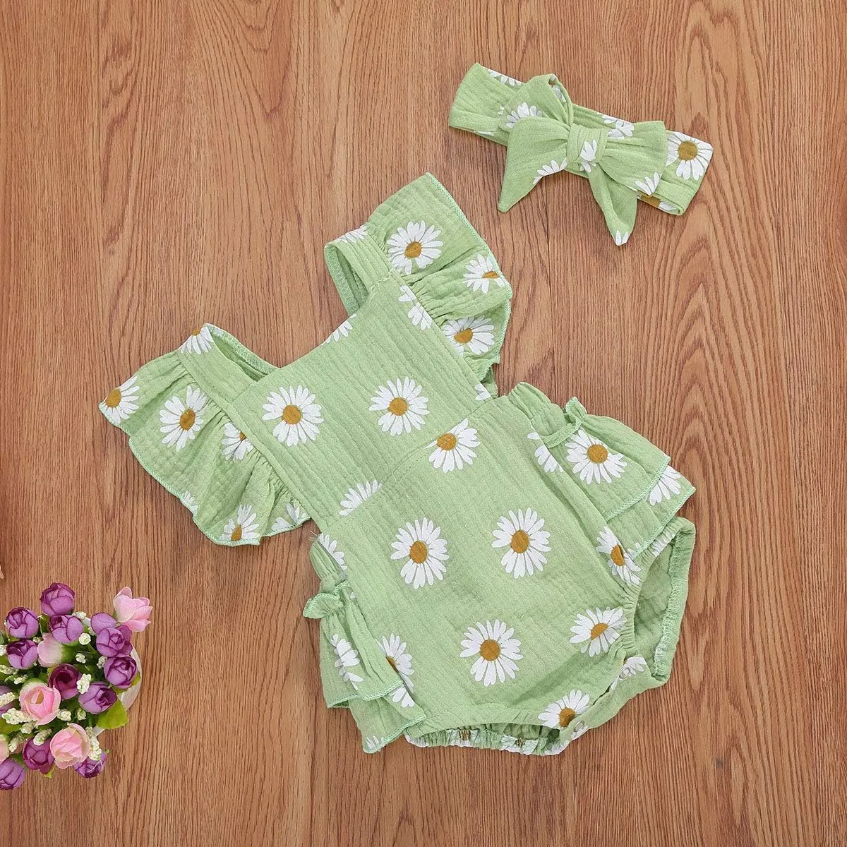 Baby Girls Floral Cotton Leotard Romper Newborn Daisy Playsuits Ruffled Sleeve Onesie Infant Jumpsuit Clothes Headband