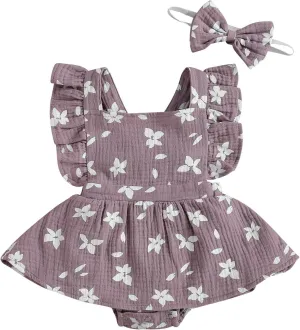 Baby Girls Floral Cotton Leotard Romper Newborn Daisy Playsuits Ruffled Sleeve Onesie Infant Jumpsuit Clothes Headband