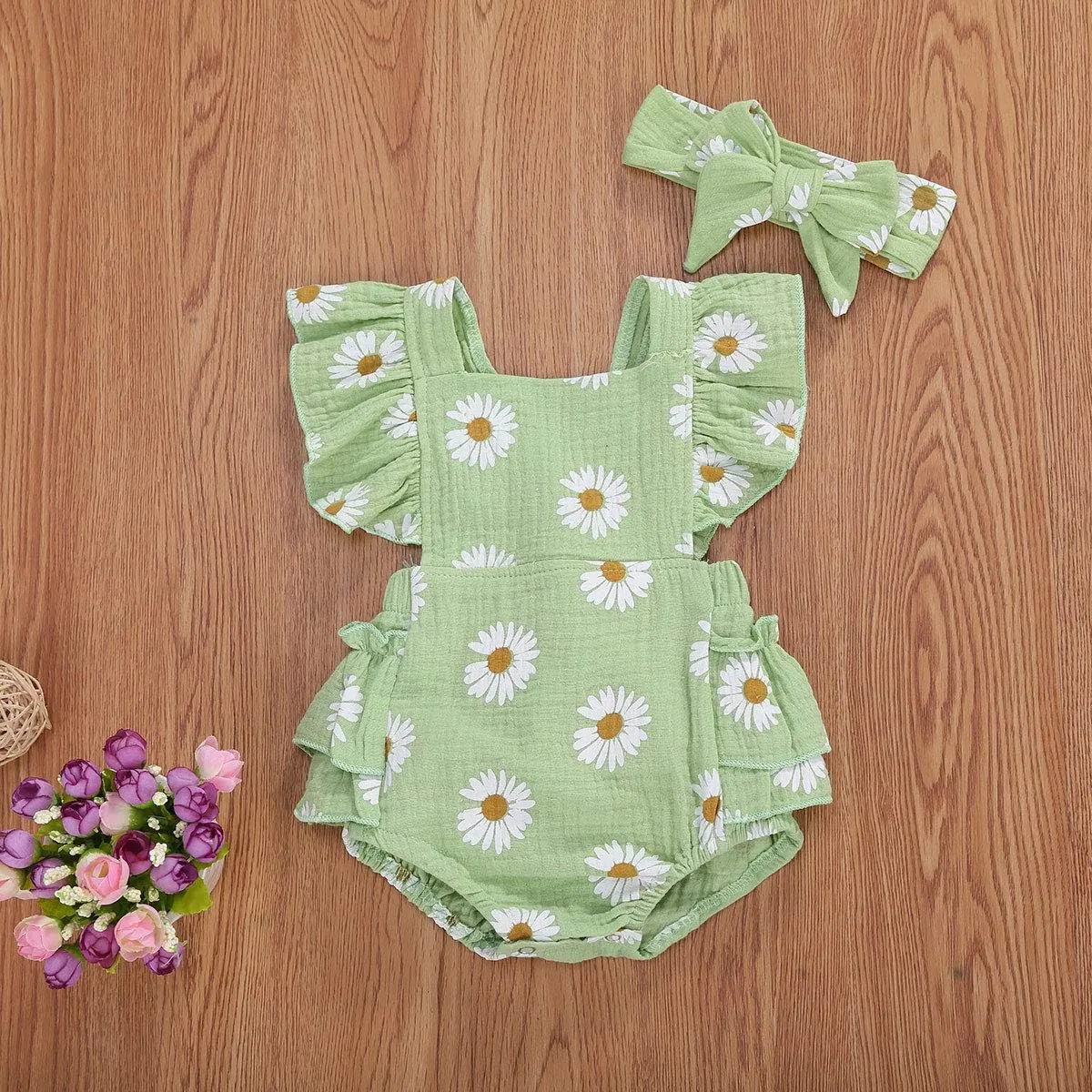Baby Girls Floral Cotton Leotard Romper Newborn Daisy Playsuits Ruffled Sleeve Onesie Infant Jumpsuit Clothes Headband