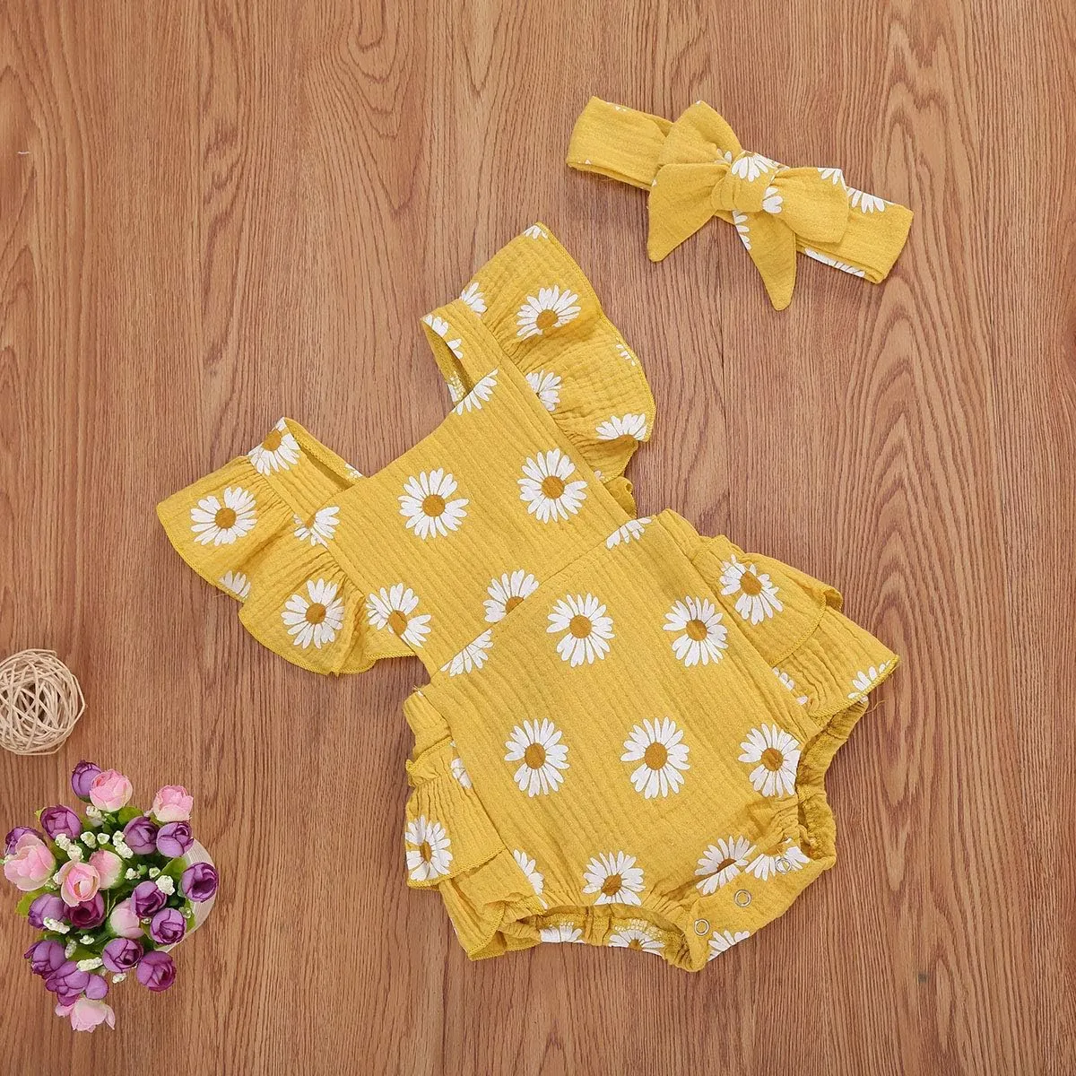 Baby Girls Floral Cotton Leotard Romper Newborn Daisy Playsuits Ruffled Sleeve Onesie Infant Jumpsuit Clothes Headband