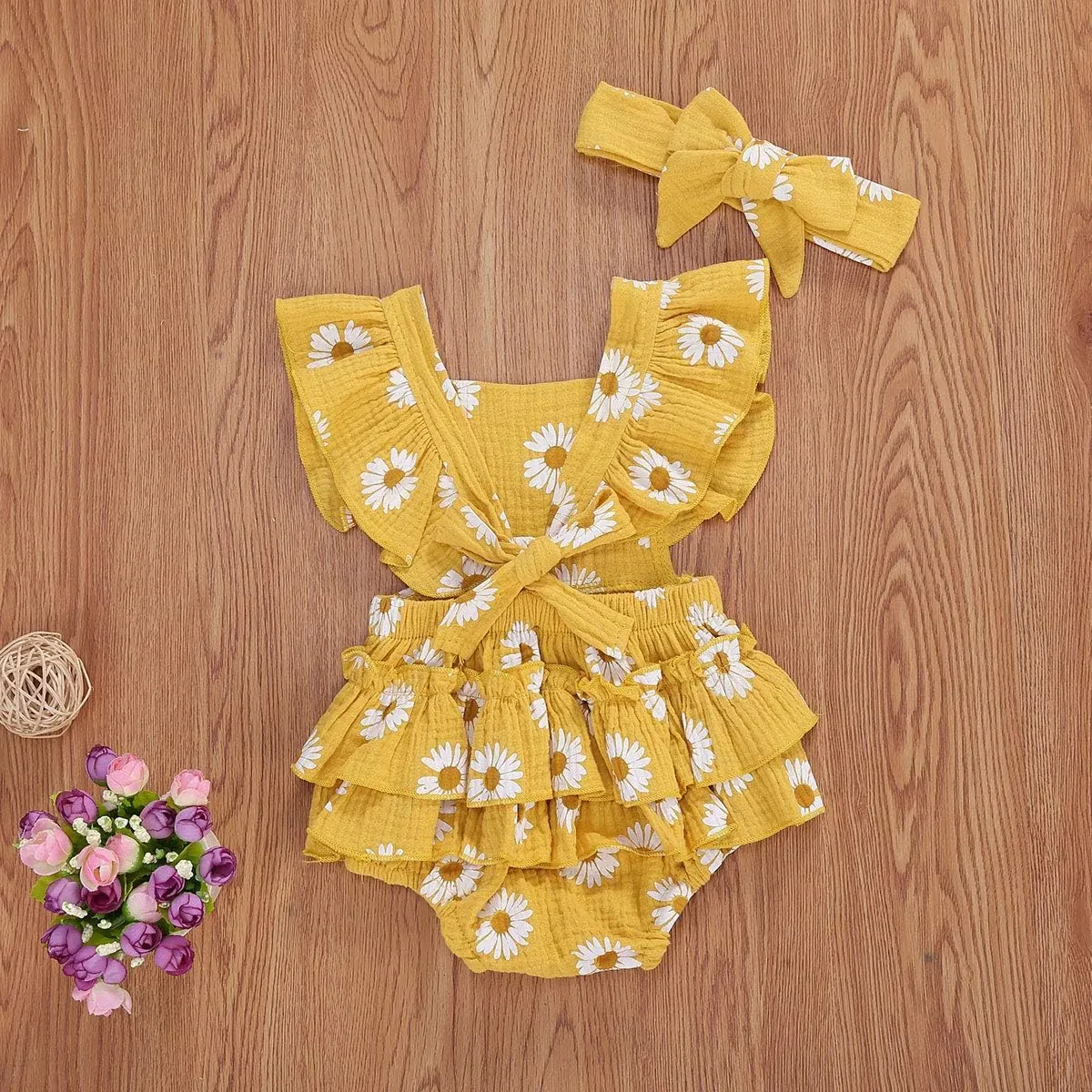 Baby Girls Floral Cotton Leotard Romper Newborn Daisy Playsuits Ruffled Sleeve Onesie Infant Jumpsuit Clothes Headband