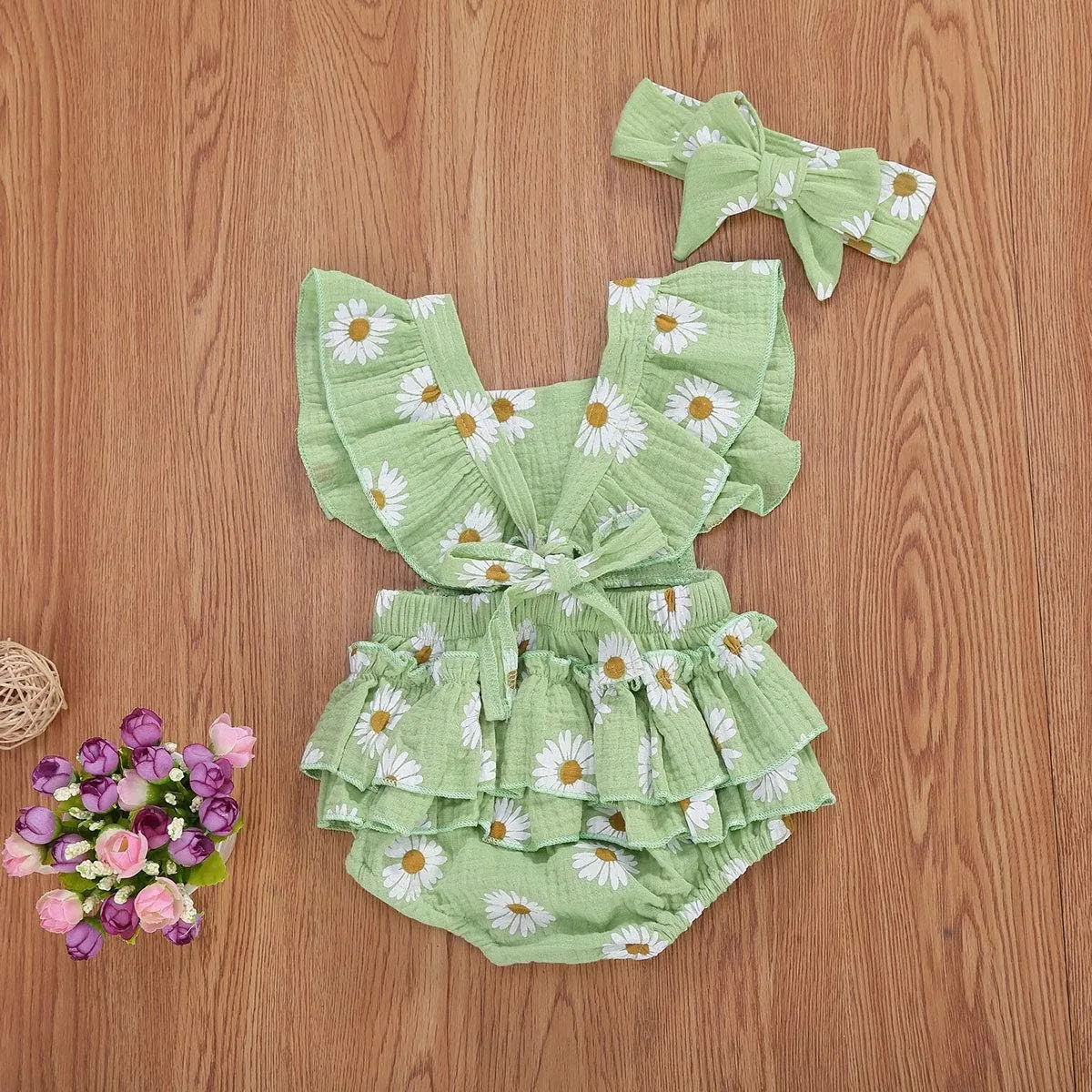 Baby Girls Floral Cotton Leotard Romper Newborn Daisy Playsuits Ruffled Sleeve Onesie Infant Jumpsuit Clothes Headband