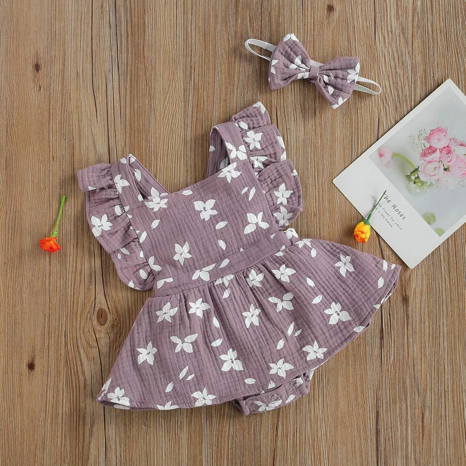 Baby Girls Floral Cotton Leotard Romper Newborn Daisy Playsuits Ruffled Sleeve Onesie Infant Jumpsuit Clothes Headband