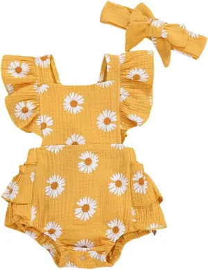 Baby Girls Floral Cotton Leotard Romper Newborn Daisy Playsuits Ruffled Sleeve Onesie Infant Jumpsuit Clothes Headband