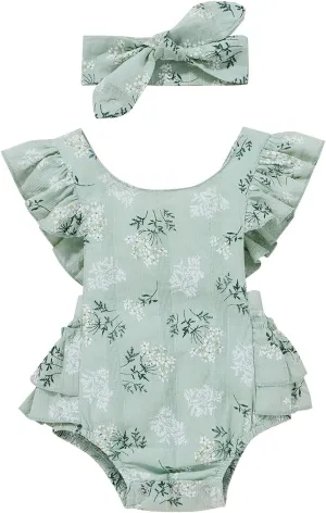 Baby Girls Floral Cotton Leotard Romper Newborn Daisy Playsuits Ruffled Sleeve Onesie Infant Jumpsuit Clothes Headband