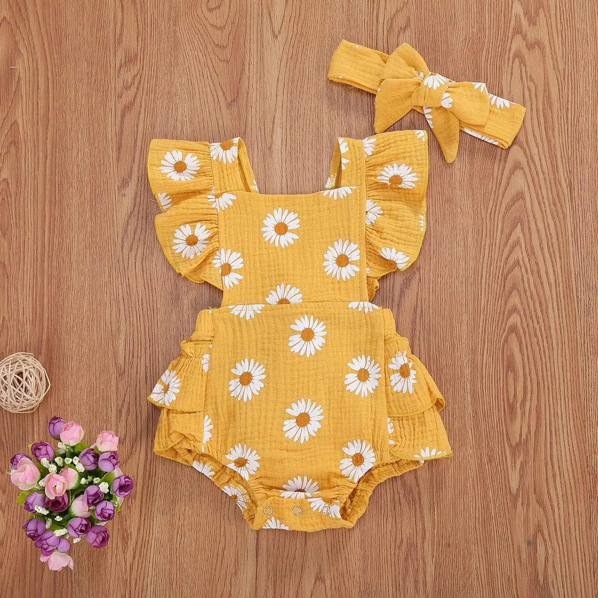 Baby Girls Floral Cotton Leotard Romper Newborn Daisy Playsuits Ruffled Sleeve Onesie Infant Jumpsuit Clothes Headband