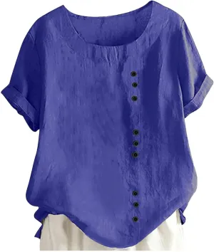 Baggy Linen Button Up Shirts For Women Retro Embroidery/Printed Tees Cotton Linen Short Sleeve Summer Loose Blouse