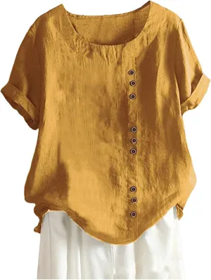 Baggy Linen Button Up Shirts For Women Retro Embroidery/Printed Tees Cotton Linen Short Sleeve Summer Loose Blouse