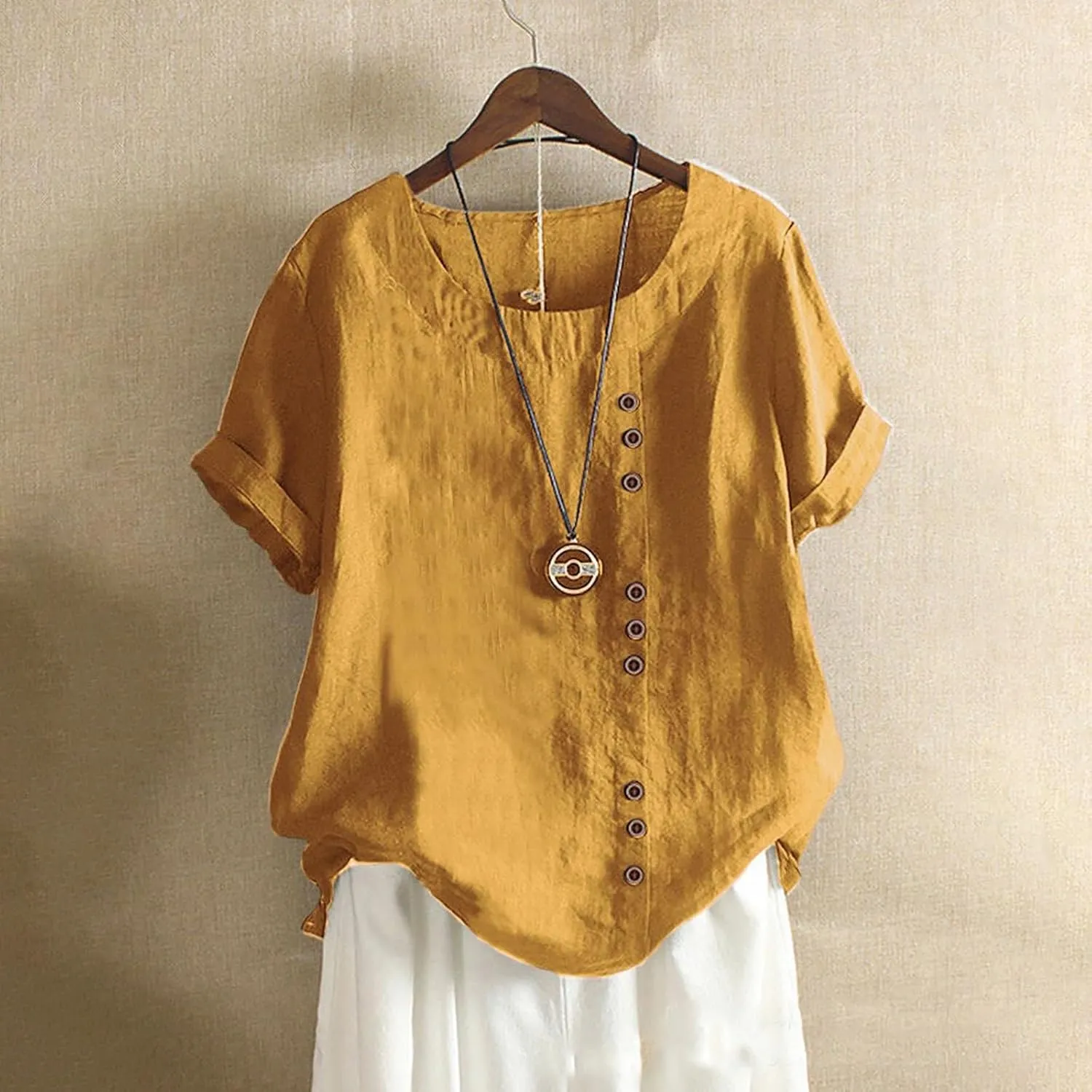 Baggy Linen Button Up Shirts For Women Retro Embroidery/Printed Tees Cotton Linen Short Sleeve Summer Loose Blouse