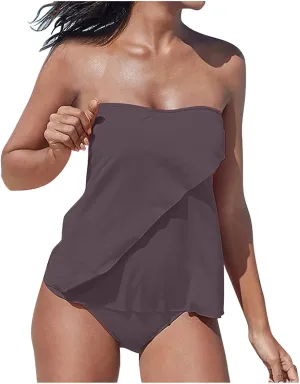Bandeau Swimsuits for Women, Strapless 2 Piece Sets Bating Suits, Sexy Off Shoulder Summer Swimwear with Bottoms