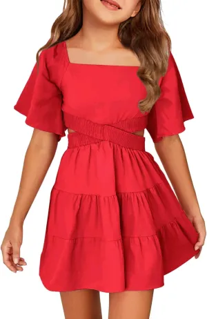 Batermoon Girls Summer Dress Square Neck Short Sleeve Crossover Waist Casual A-line Mini Dress