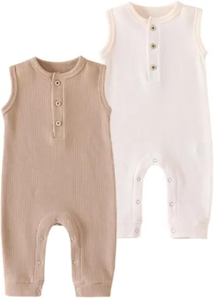 BeiVSlley 2-Pack Newborn Baby Unisex Summer Romper - Sleeveless Ruffle Tank Snap, Waffle Knit Cotton Jumpsuits Outfit