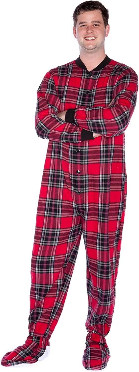 BIG FEET PAJAMA CO. Plaid Cotton Flannel Adult Footie Onesie Drop seat Pajamas for Men and Women