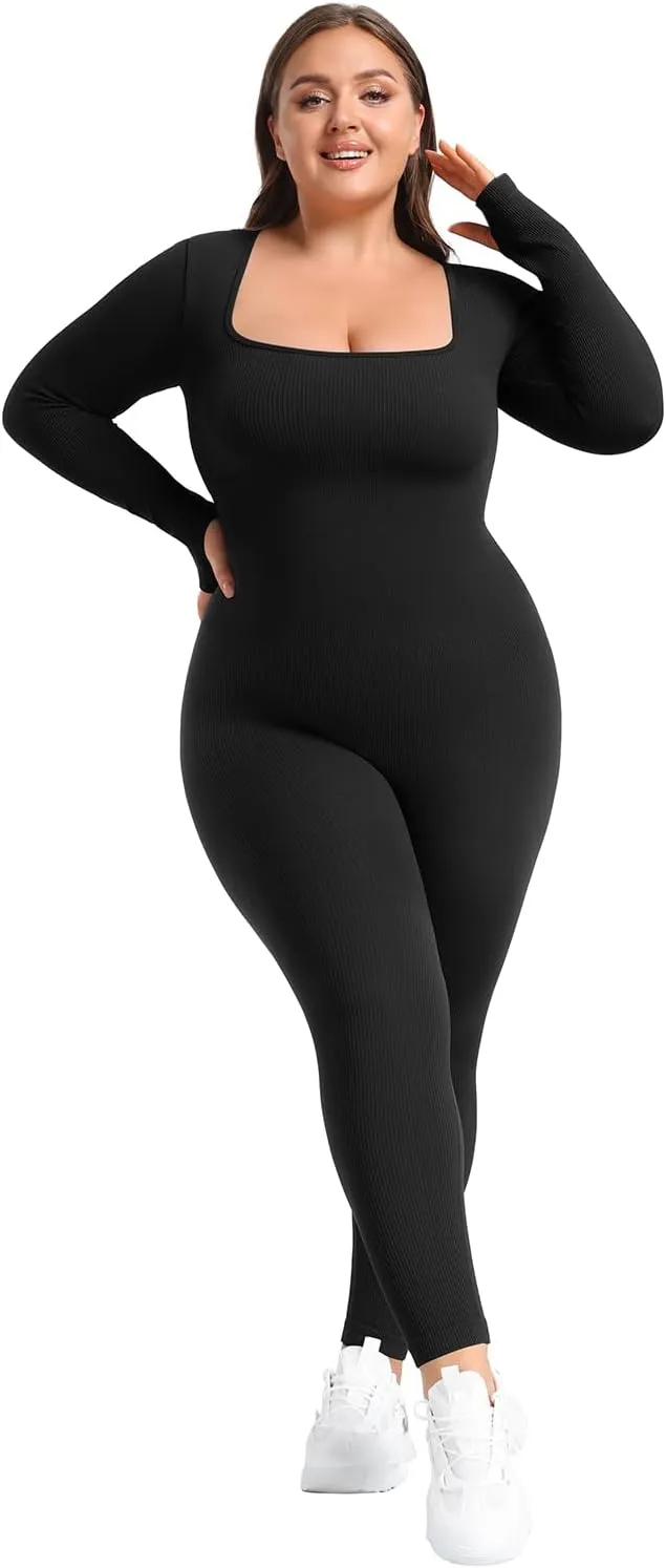 BLEVONH Women's Yoga Jumpsuits Ribbed Workout Rompers Square Neck Long Sleeve Bodysuits Full Length Plus size