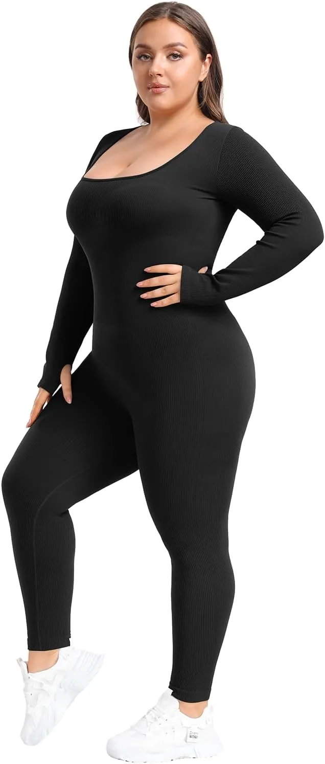 BLEVONH Women's Yoga Jumpsuits Ribbed Workout Rompers Square Neck Long Sleeve Bodysuits Full Length Plus size