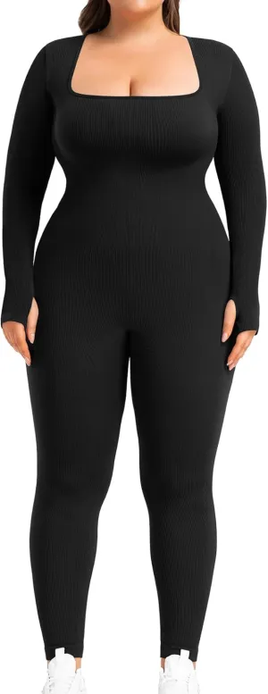 BLEVONH Women's Yoga Jumpsuits Ribbed Workout Rompers Square Neck Long Sleeve Bodysuits Full Length Plus size