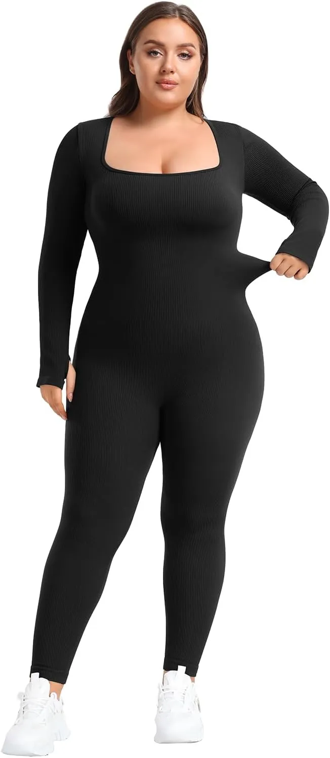 BLEVONH Women's Yoga Jumpsuits Ribbed Workout Rompers Square Neck Long Sleeve Bodysuits Full Length Plus size