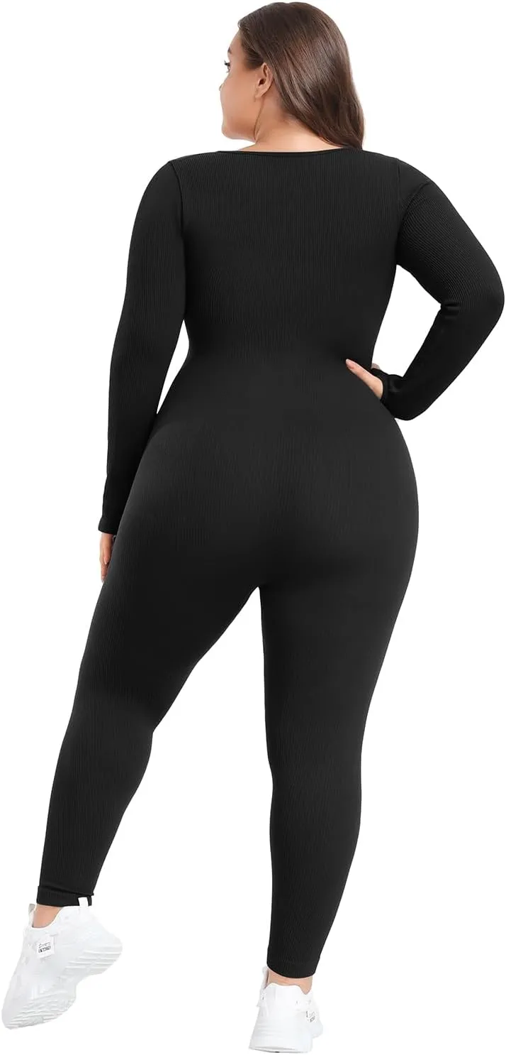 BLEVONH Women's Yoga Jumpsuits Ribbed Workout Rompers Square Neck Long Sleeve Bodysuits Full Length Plus size